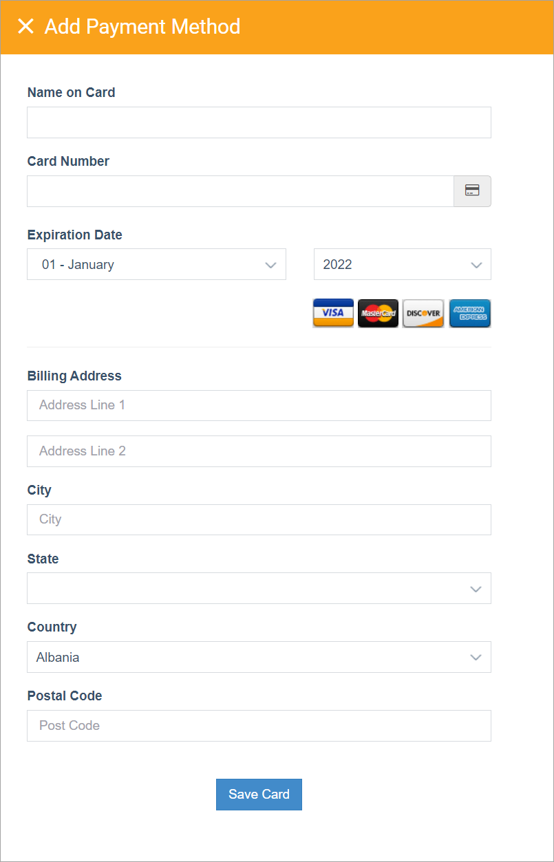 Add Payment Method pop-up